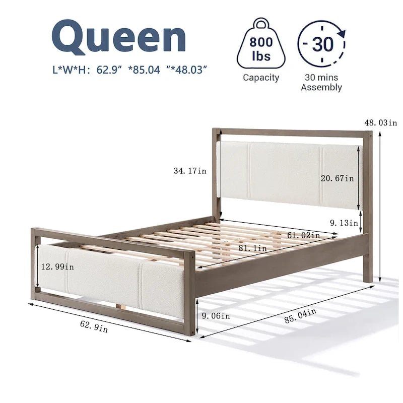 Lit plateforme grand format avec tête de lit en tissu bouclé couleur ivoire