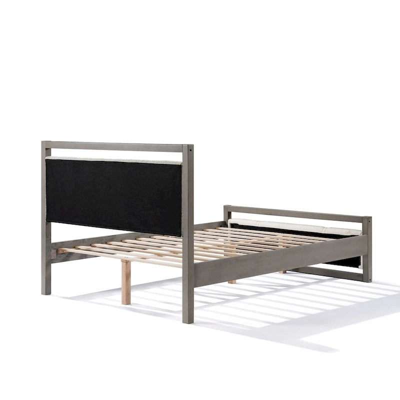 Lit plateforme grand format avec tête de lit en tissu bouclé couleur ivoire
