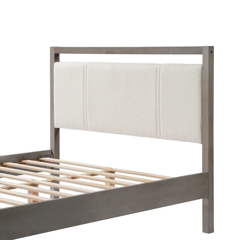Lit plateforme grand format avec tête de lit en tissu bouclé couleur ivoire