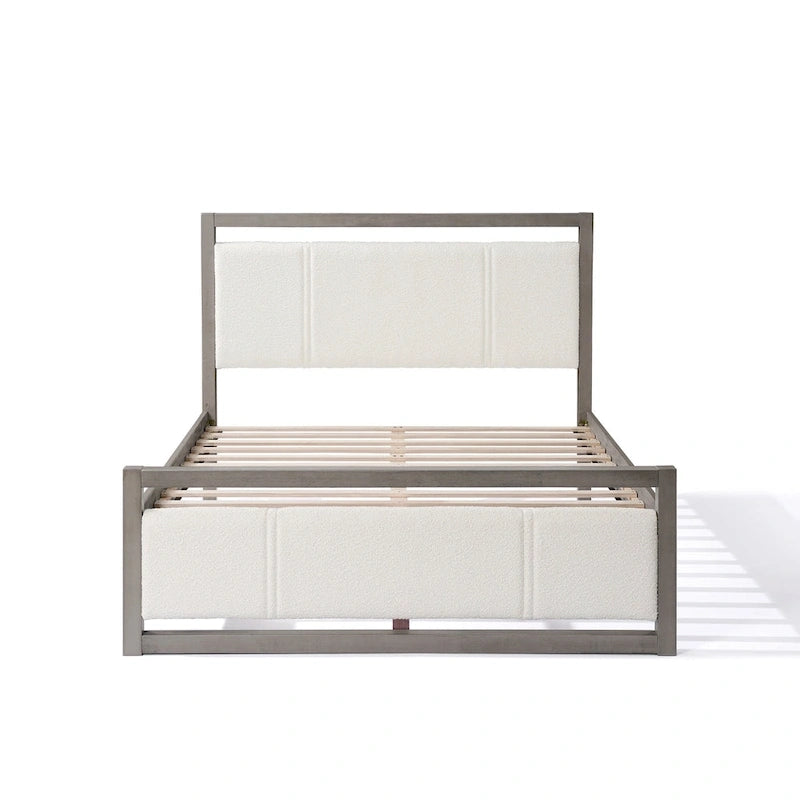 Lit plateforme grand format avec tête de lit en tissu bouclé couleur ivoire