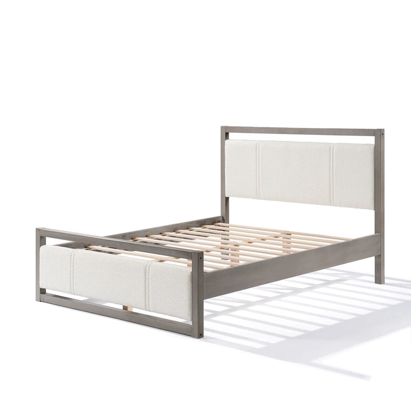 Lit plateforme grand format avec tête de lit en tissu bouclé couleur ivoire