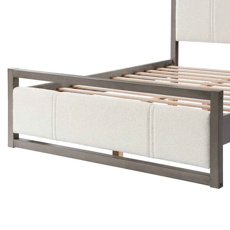 Lit plateforme grand format avec tête de lit en tissu bouclé couleur ivoire
