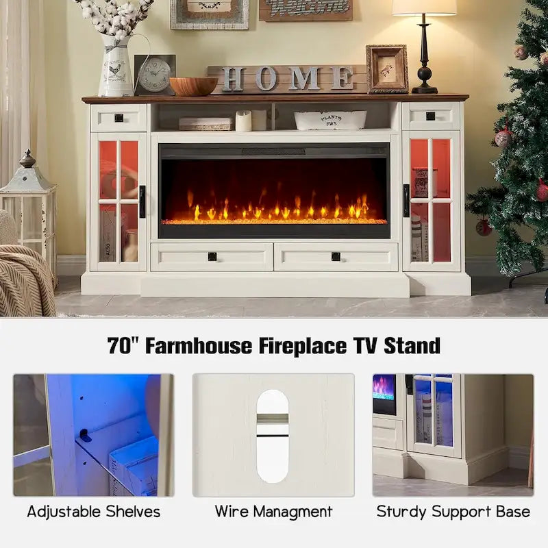 Meuble TV avec cheminée pour téléviseur de 80 pouces, meuble de divertissement, console multimédia
