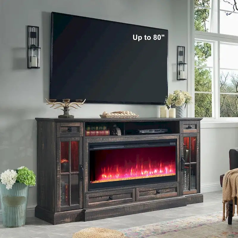 Meuble TV avec cheminée pour téléviseur de 80 pouces, meuble de divertissement, console multimédia