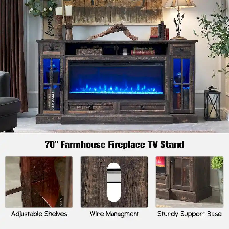Meuble TV avec cheminée pour téléviseur de 80 pouces, meuble de divertissement, console multimédia