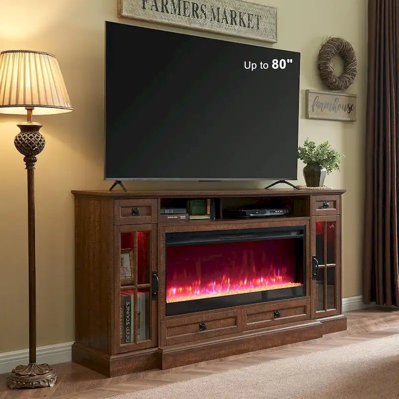 Meuble TV avec cheminée pour téléviseur de 80 pouces, meuble de divertissement, console multimédia