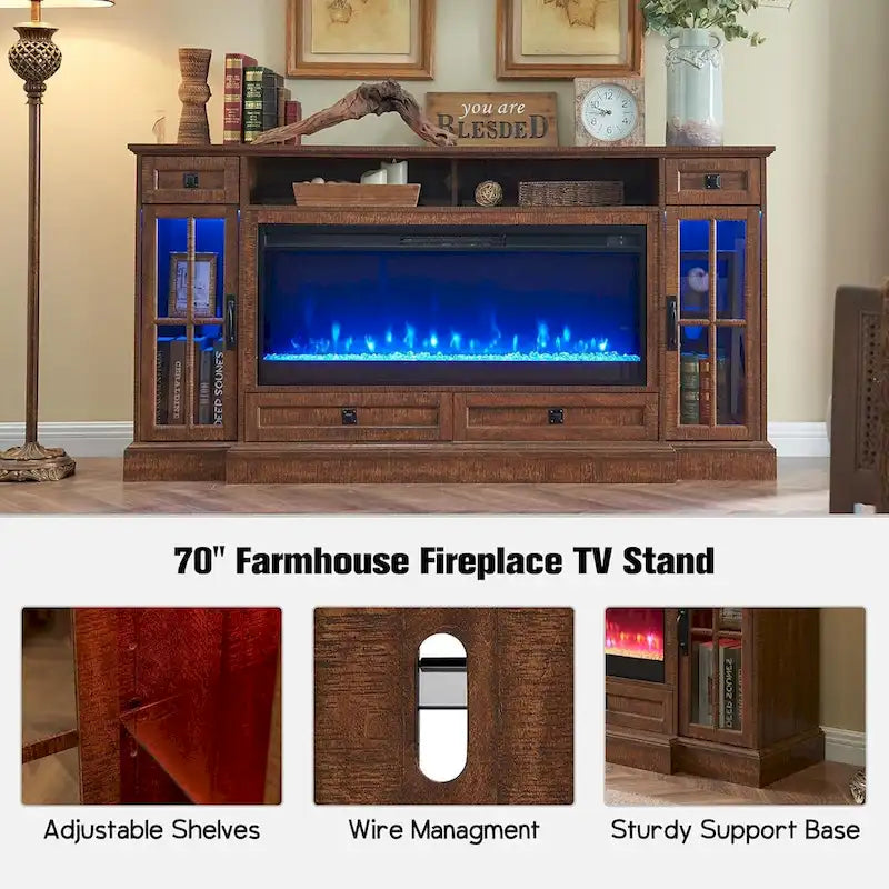 Meuble TV avec cheminée pour téléviseur de 80 pouces, meuble de divertissement, console multimédia