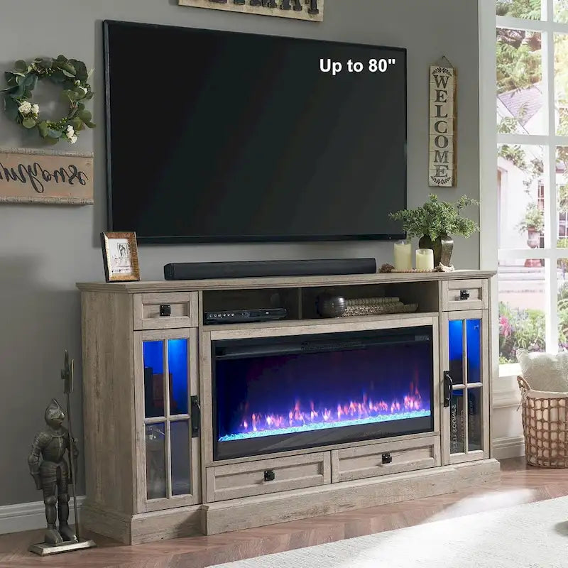 Meuble TV avec cheminée pour téléviseur de 80 pouces, meuble de divertissement, console multimédia