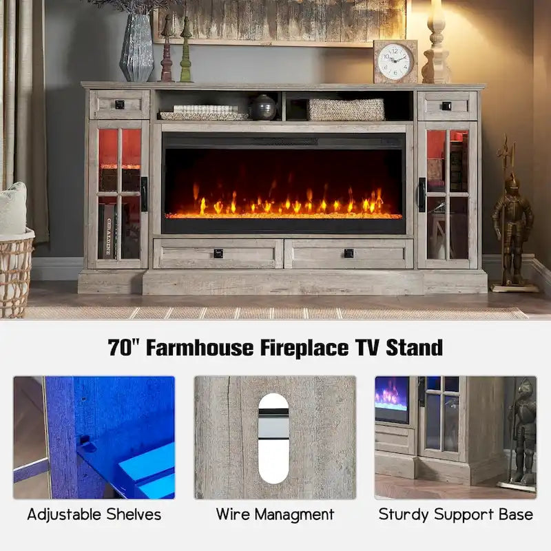 Meuble TV avec cheminée pour téléviseur de 80 pouces, meuble de divertissement, console multimédia