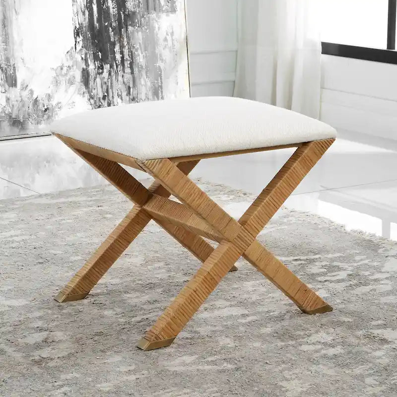 Petit banc rembourré en rotin à base en X - 19 - Blanc et marron