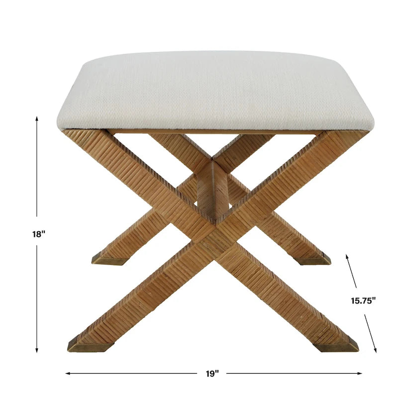 Petit banc rembourré en rotin à base en X - 19 - Blanc et marron