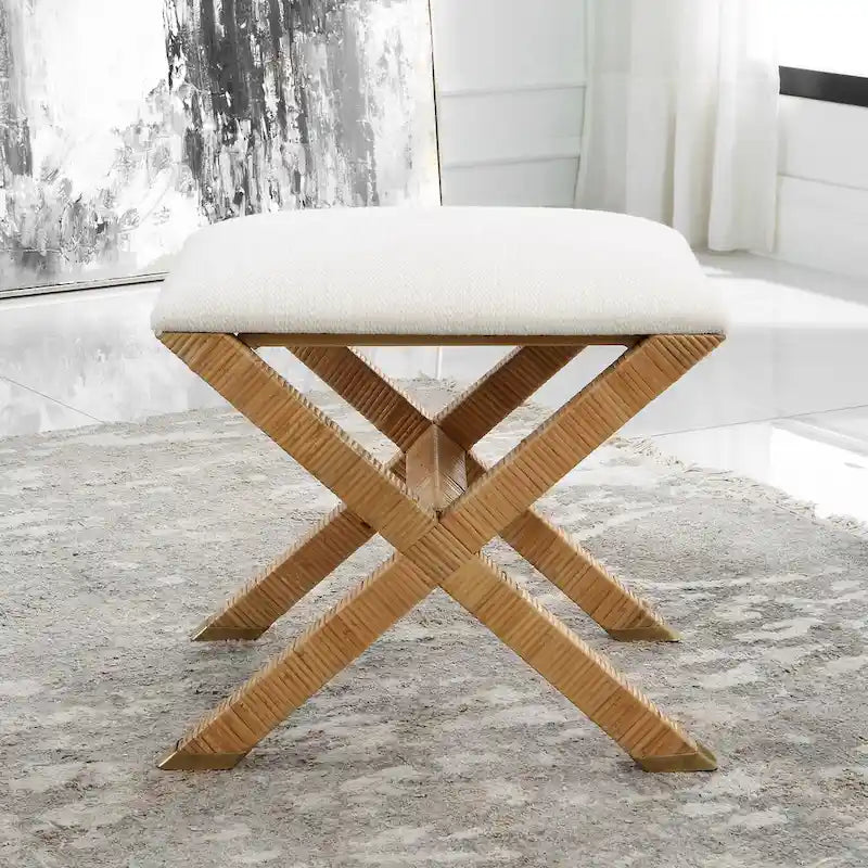 Petit banc rembourré en rotin à base en X - 19 - Blanc et marron