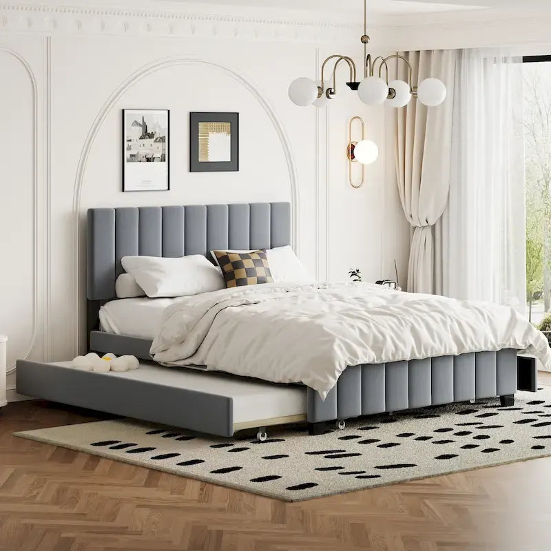 Lit en velours Queen Size avec 2 tiroirs et un lit gigogne Twin XL