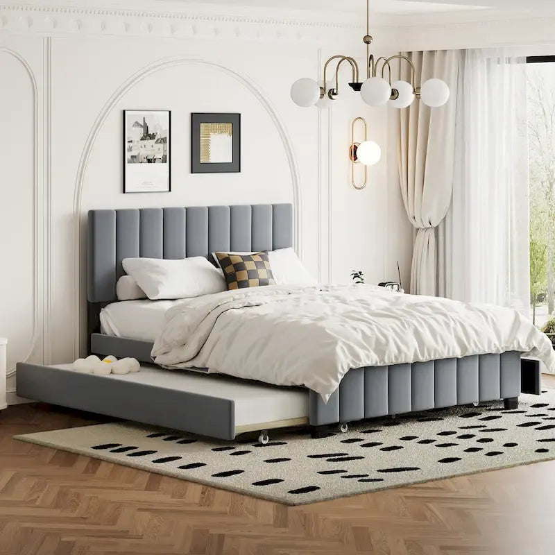 Queen Size Velvet Bed with 2 Drawers and Twin XL Trundle