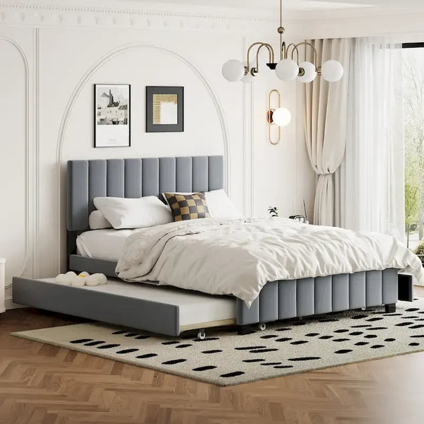 Queen Size Velvet Bed with 2 Drawers and Twin XL Trundle
