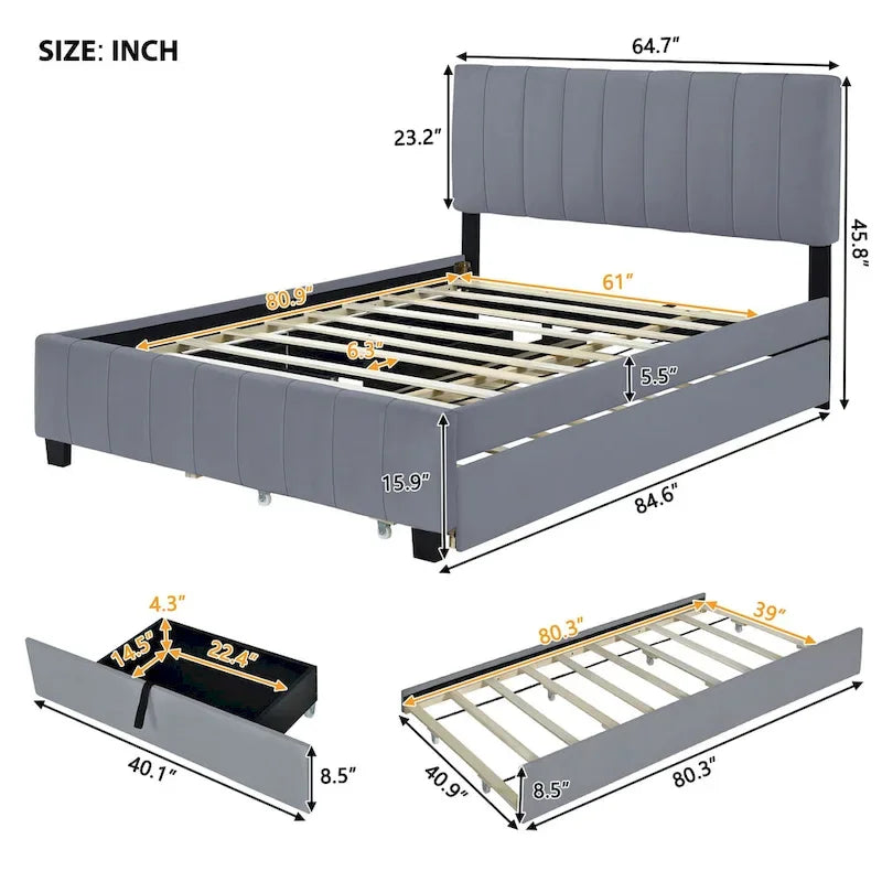 Lit en velours Queen Size avec 2 tiroirs et un lit gigogne Twin XL