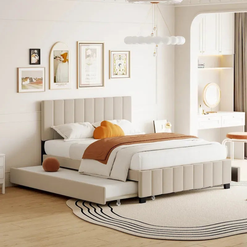 Lit en velours Queen Size avec 2 tiroirs et un lit gigogne Twin XL