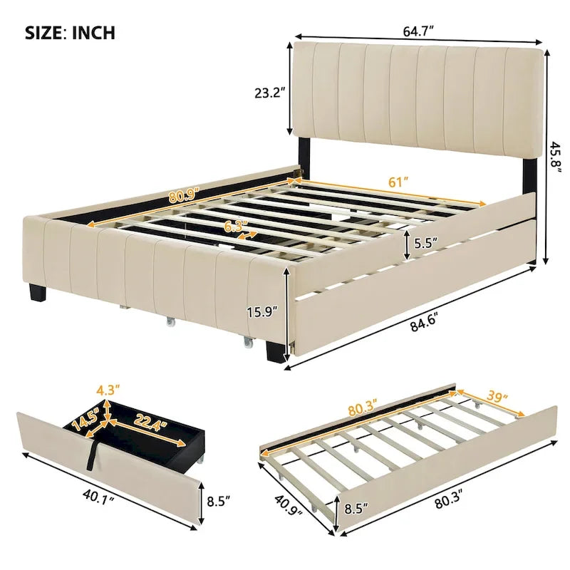 Lit en velours Queen Size avec 2 tiroirs et un lit gigogne Twin XL