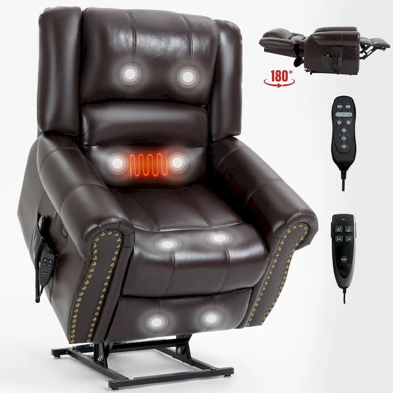 Fauteuil inclinable releveur double motorisation en similicuir marron avec chauffage et massage, ports USB et inclinaison infinie pour seniors