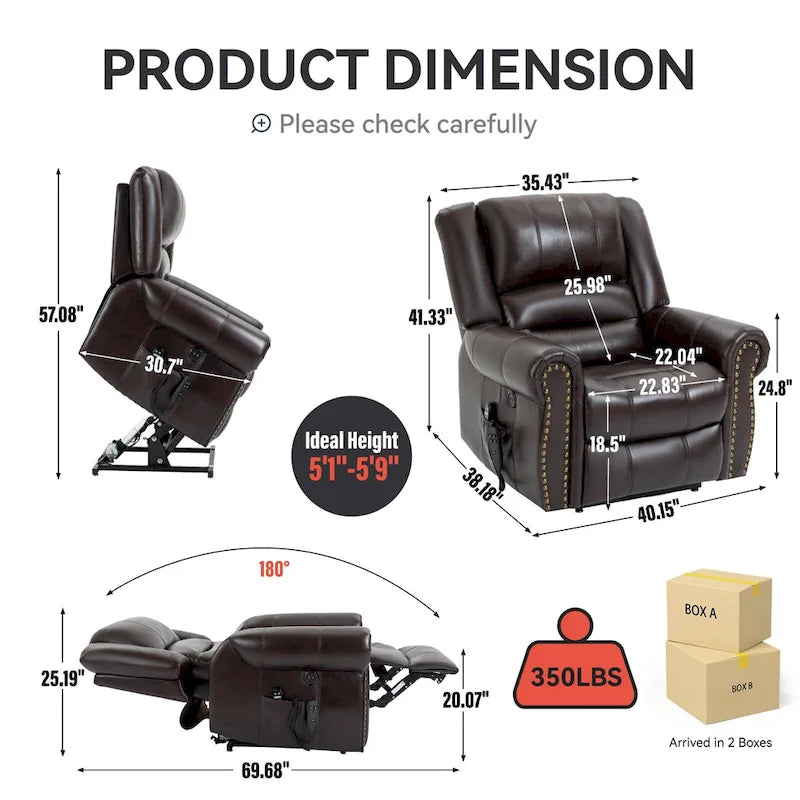 Fauteuil inclinable releveur double motorisation en similicuir marron avec chauffage et massage, ports USB et inclinaison infinie pour seniors