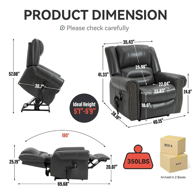 Fauteuil inclinable releveur double motorisation en similicuir marron avec chauffage et massage, ports USB et inclinaison infinie pour seniors