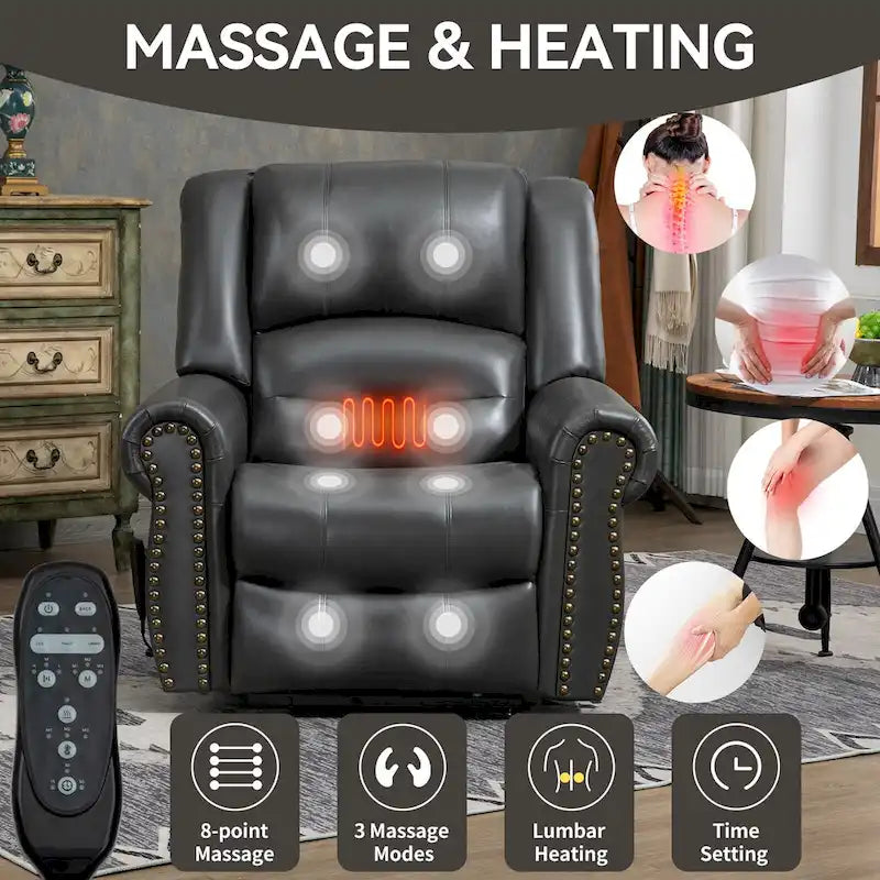 Fauteuil inclinable releveur double motorisation en similicuir marron avec chauffage et massage, ports USB et inclinaison infinie pour seniors
