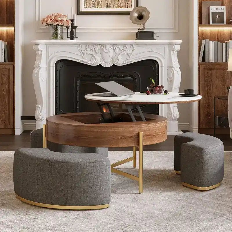 Table basse relevable avec rangement et 3 poufs