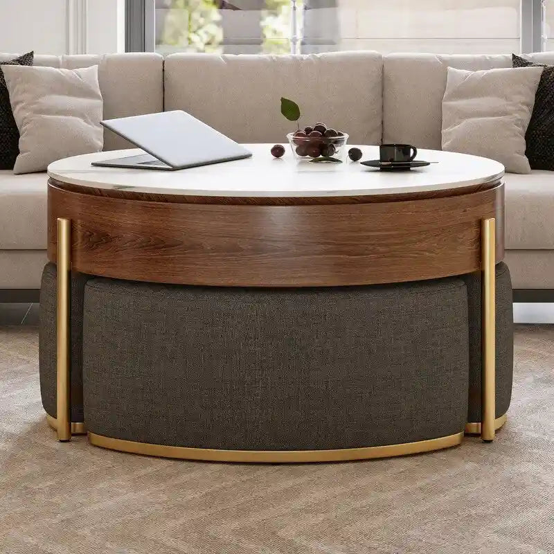 Table basse relevable avec rangement et 3 poufs