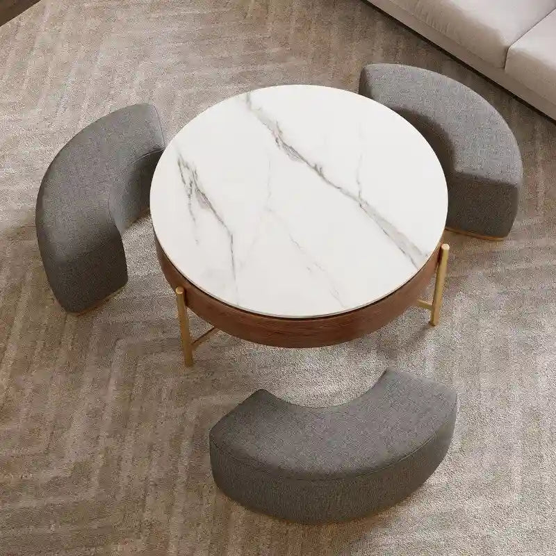 Table basse relevable avec rangement et 3 poufs