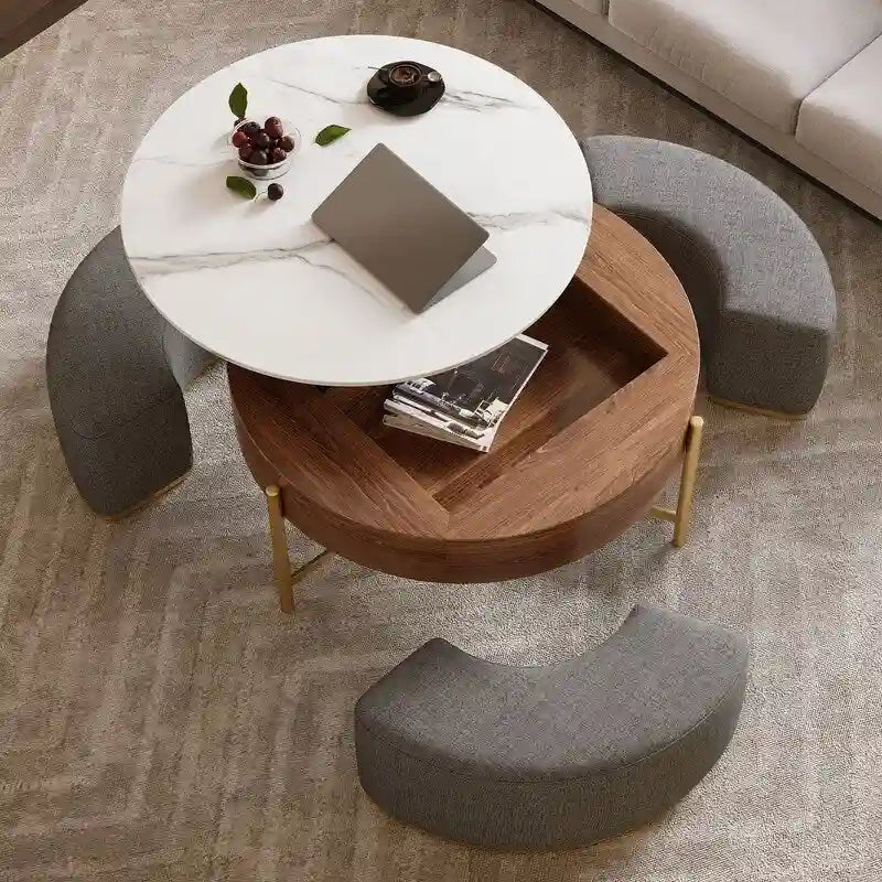Table basse relevable avec rangement et 3 poufs