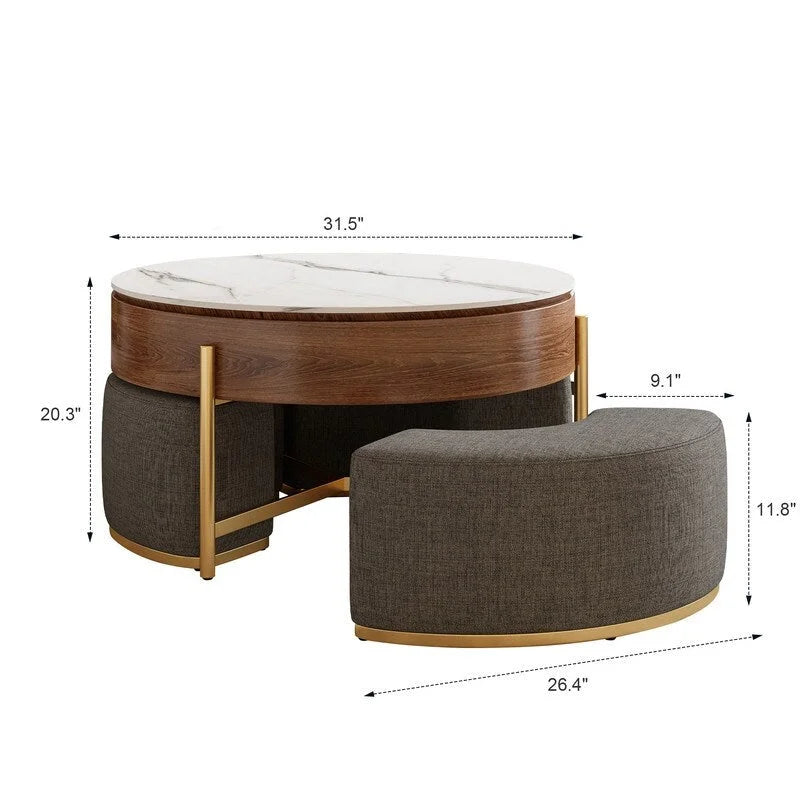 Table basse relevable avec rangement et 3 poufs