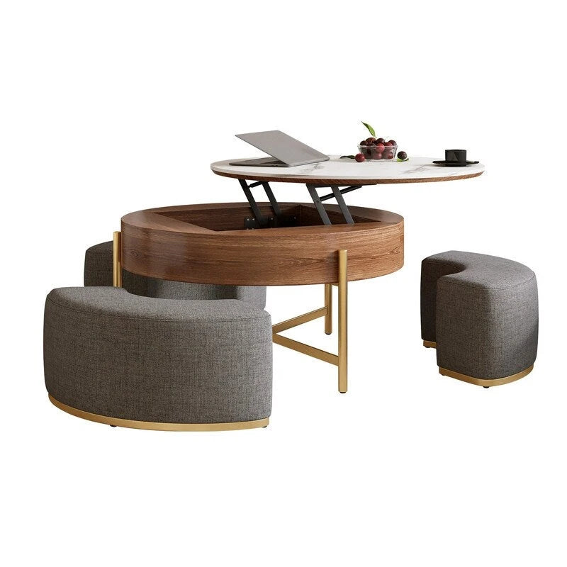 Table basse relevable avec rangement et 3 poufs