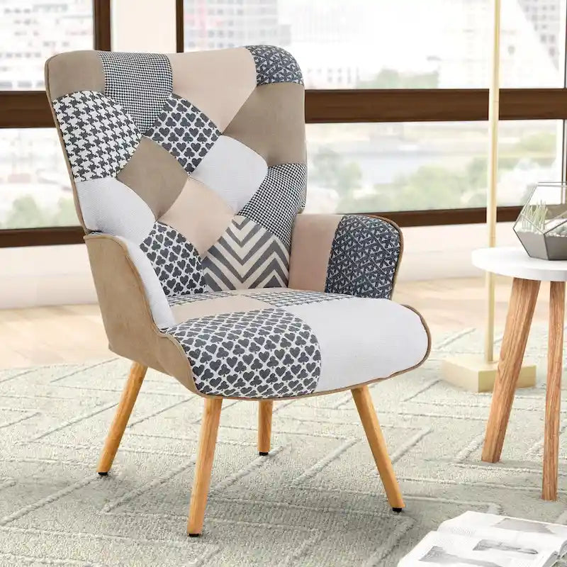 Fauteuil d'appoint moderne rembourré en lin avec pieds en bois