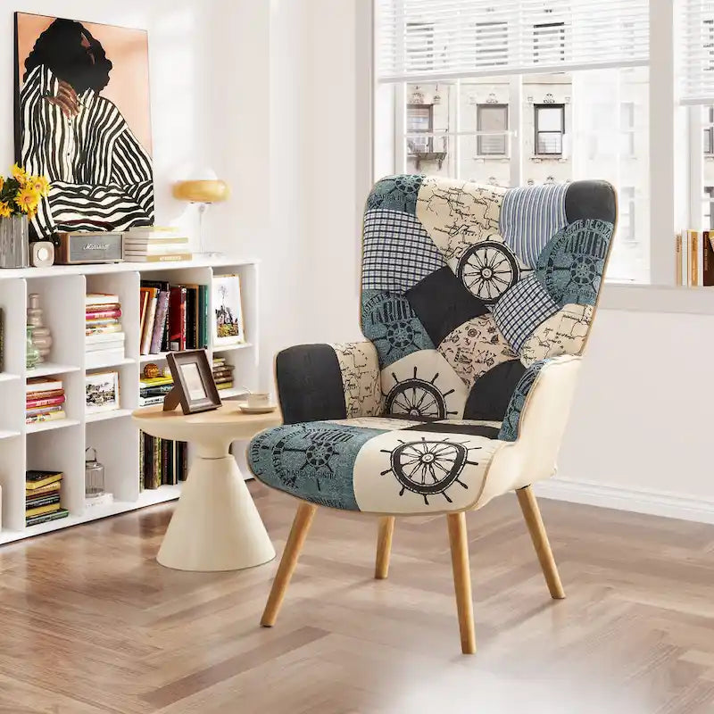 Fauteuil d'appoint moderne rembourré en lin avec pieds en bois