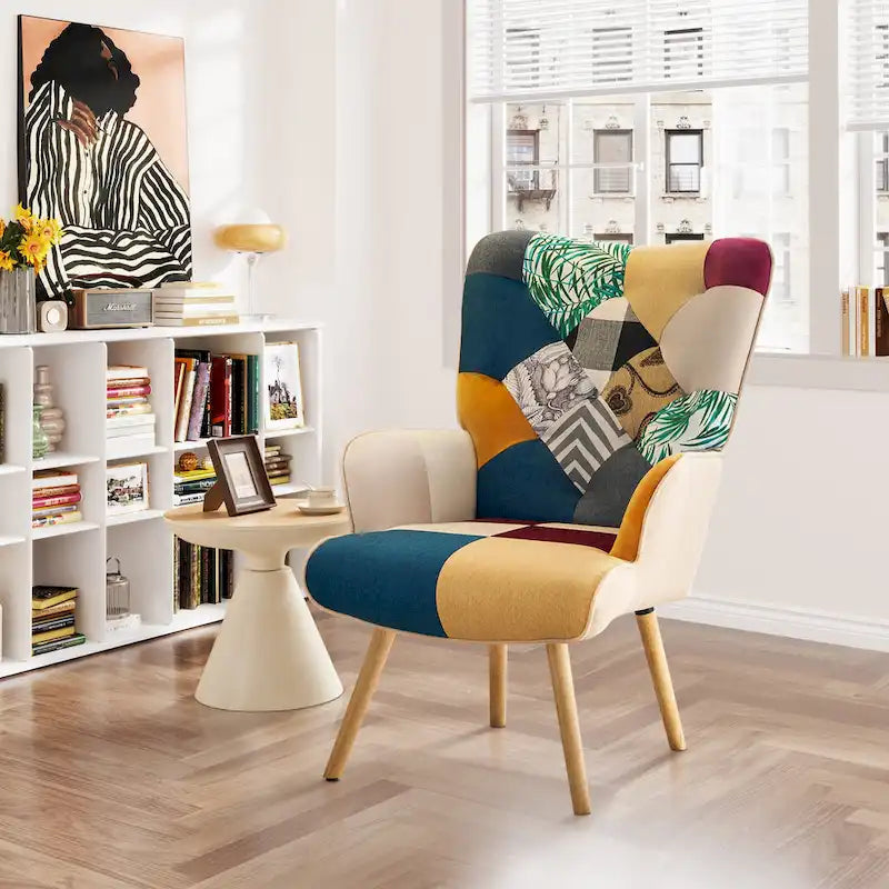 Fauteuil d'appoint moderne rembourré en lin avec pieds en bois