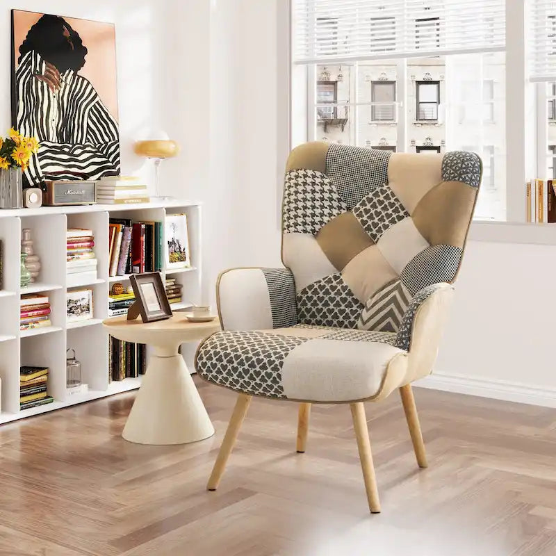 Fauteuil d'appoint moderne rembourré en lin avec pieds en bois