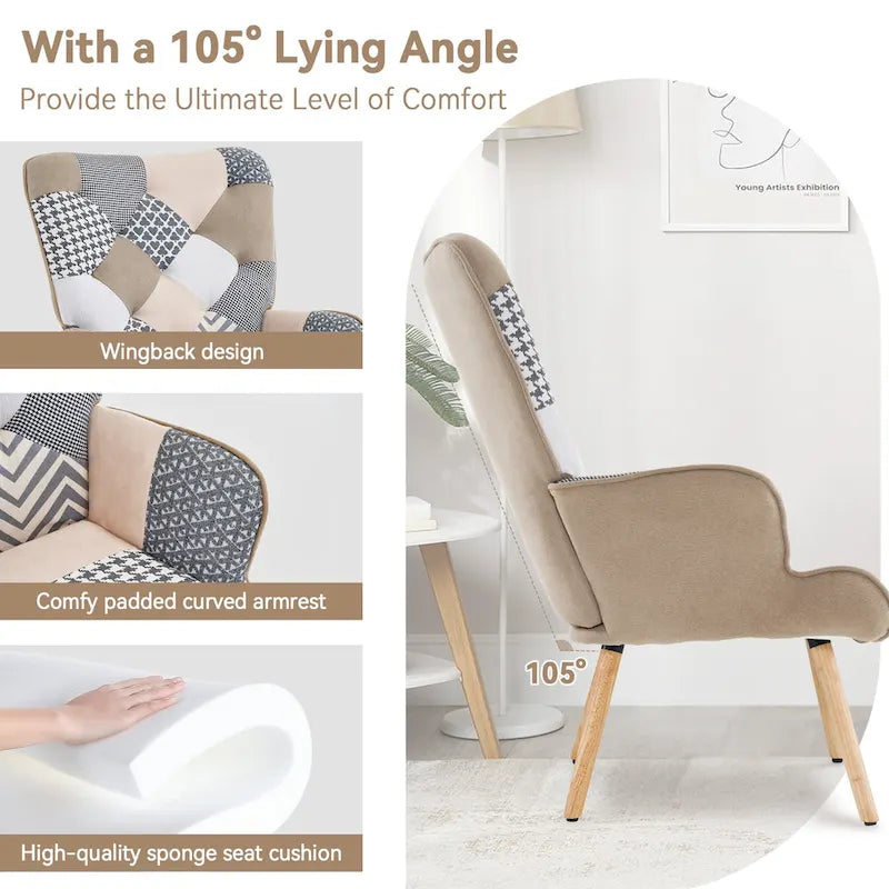 Fauteuil d'appoint moderne rembourré en lin avec pieds en bois