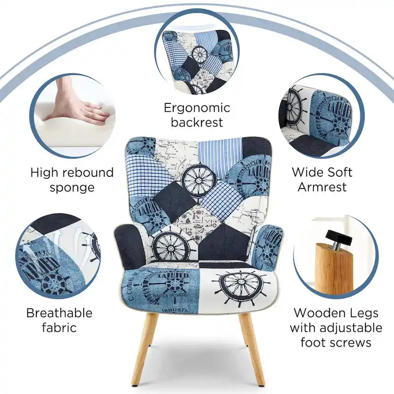 Fauteuil d'appoint moderne rembourré en lin avec pieds en bois