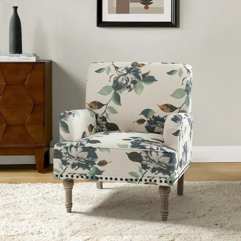 Fauteuil d'appoint rembourré en tissu à motifs floraux traditionnels avec pieds tournés
