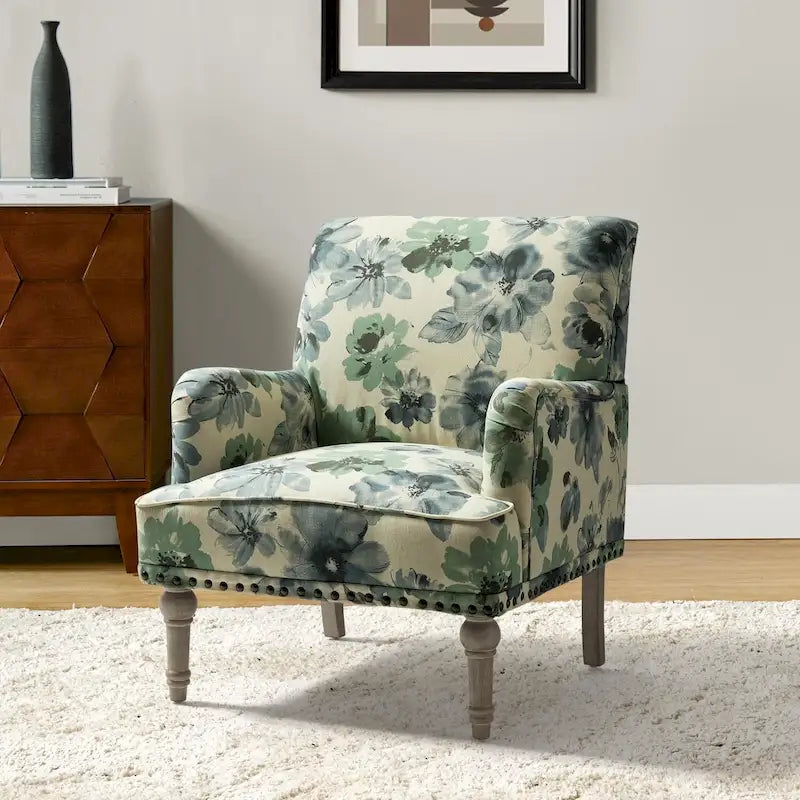 Fauteuil d'appoint rembourré en tissu à motifs floraux traditionnels avec pieds tournés