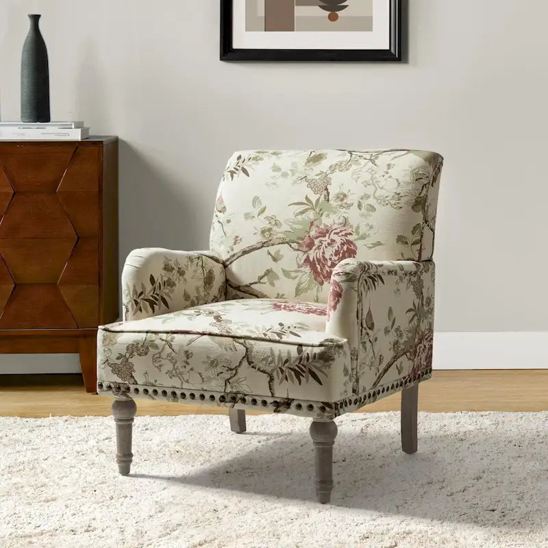 Fauteuil d'appoint rembourré en tissu à motifs floraux traditionnels avec pieds tournés