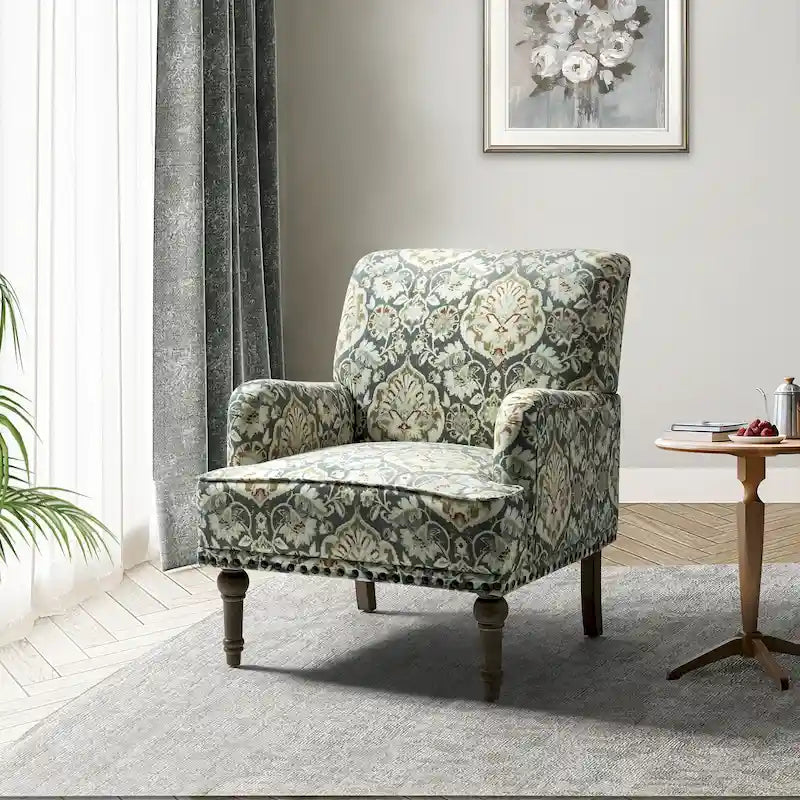 Fauteuil d'appoint rembourré en tissu à motifs floraux traditionnels avec pieds tournés
