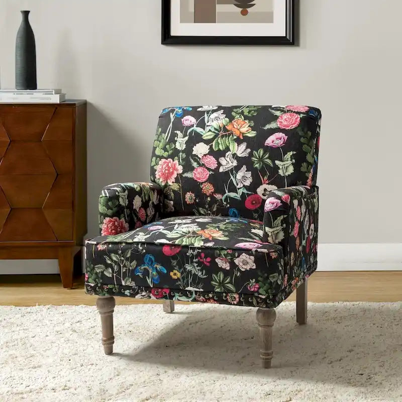 Fauteuil d'appoint rembourré en tissu à motifs floraux traditionnels avec pieds tournés