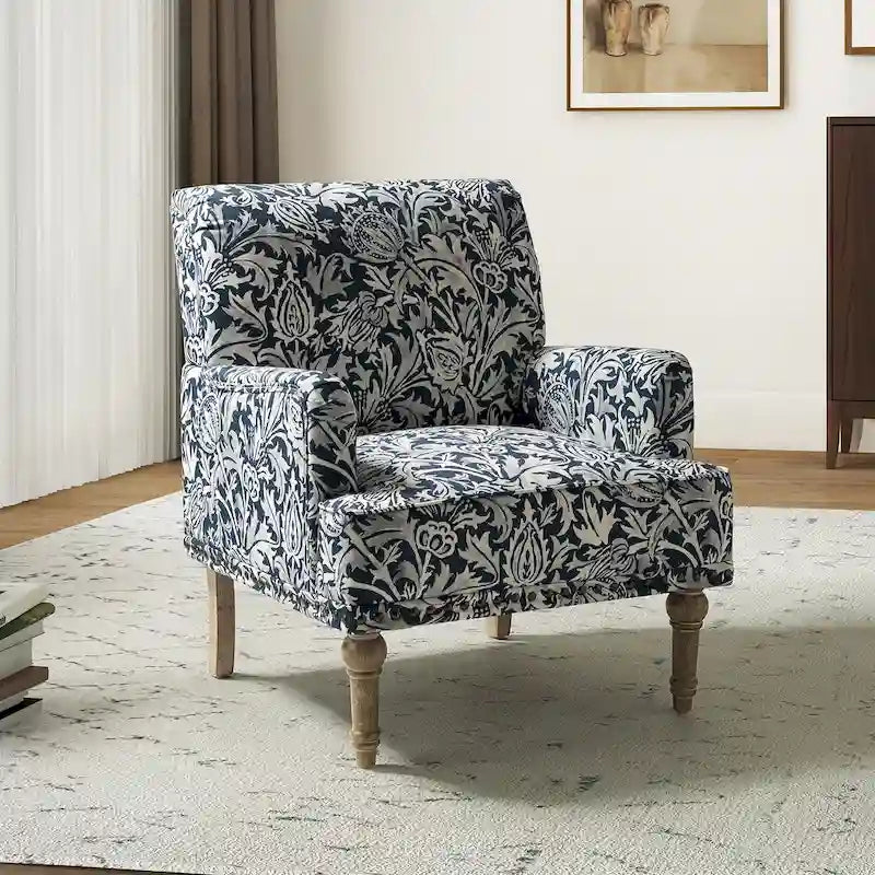 Fauteuil d'appoint rembourré en tissu à motifs floraux traditionnels avec pieds tournés