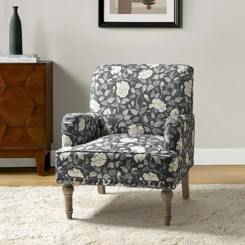 Fauteuil d'appoint rembourré en tissu à motifs floraux traditionnels avec pieds tournés