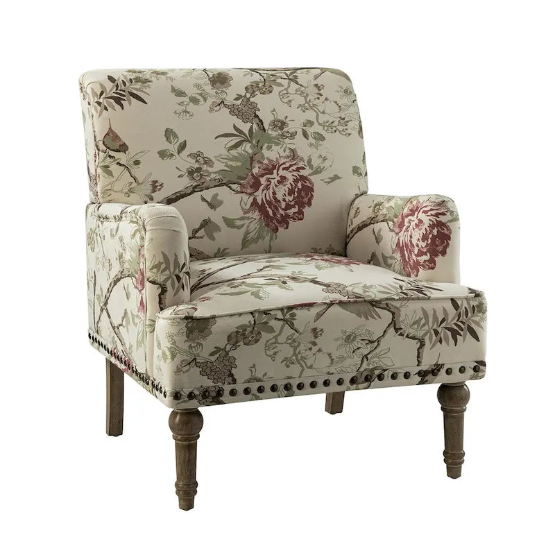 Fauteuil d'appoint rembourré en tissu à motifs floraux traditionnels avec pieds tournés