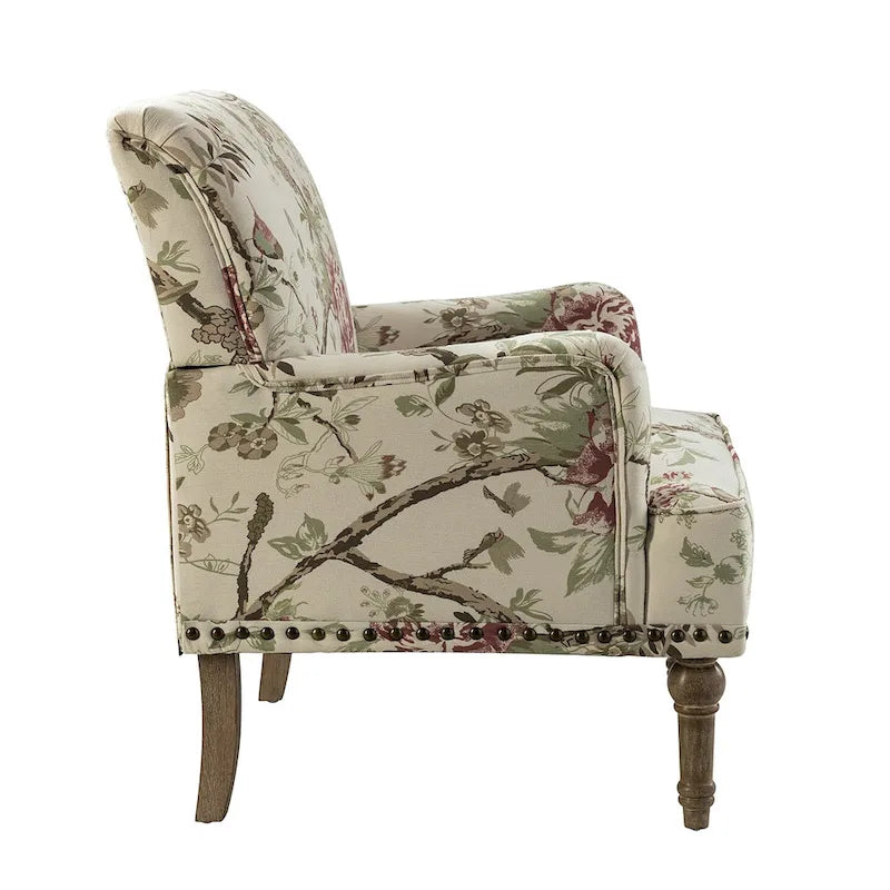 Fauteuil d'appoint rembourré en tissu à motifs floraux traditionnels avec pieds tournés