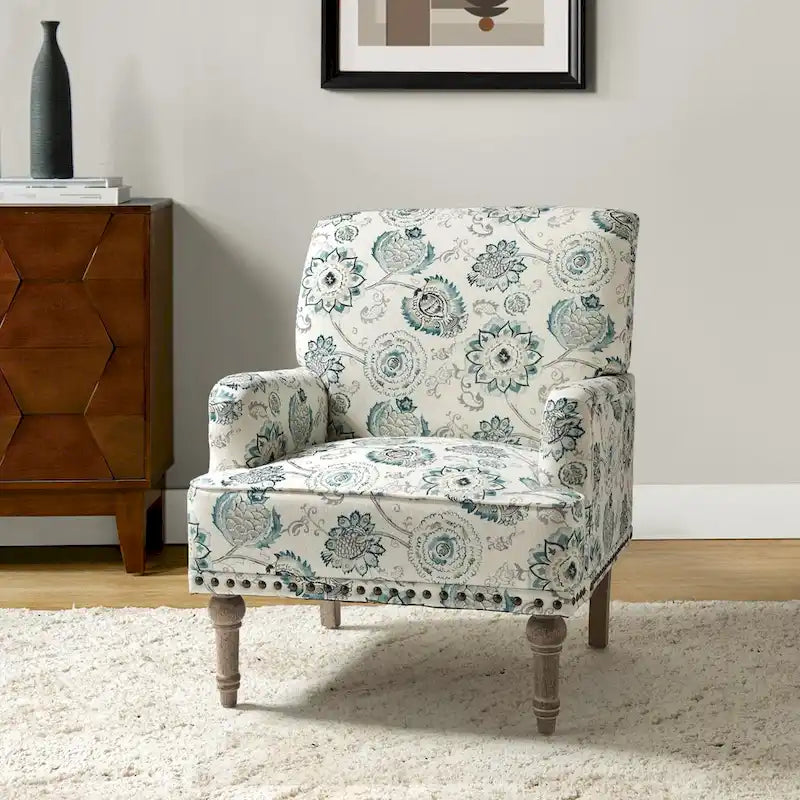 Fauteuil d'appoint rembourré en tissu à motifs floraux traditionnels avec pieds tournés