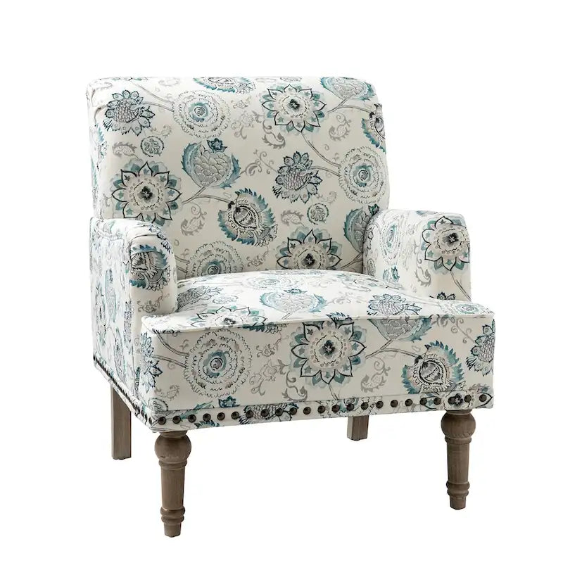 Fauteuil d'appoint rembourré en tissu à motifs floraux traditionnels avec pieds tournés