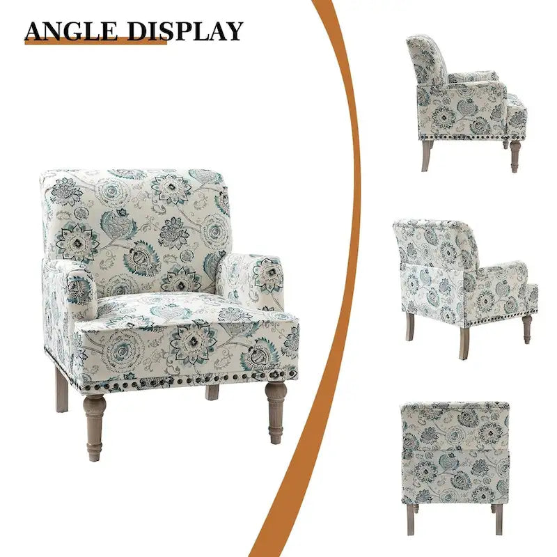 Fauteuil d'appoint rembourré en tissu à motifs floraux traditionnels avec pieds tournés